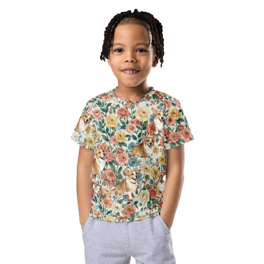 Garden Corgi on Kids Crew Neck T-Shirt — Front