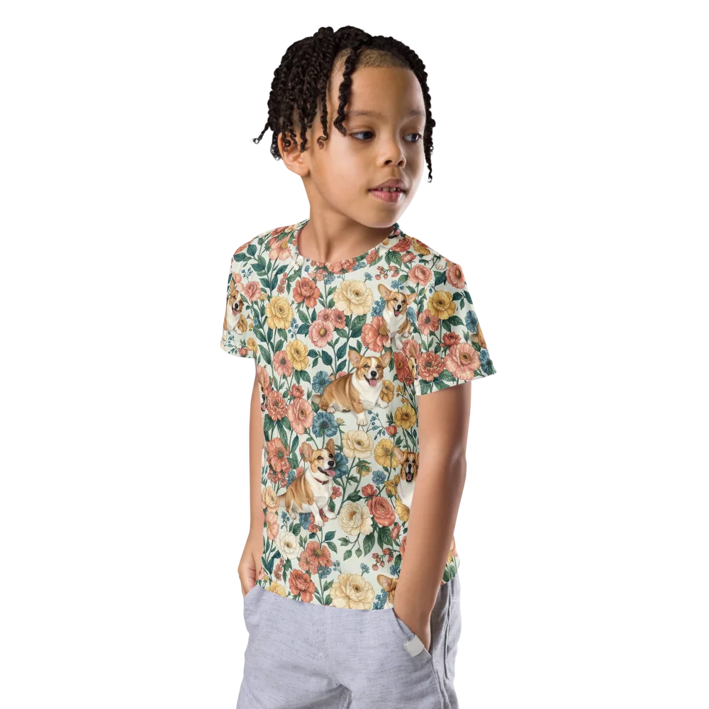 Garden Corgi on Kids Crew Neck T-Shirt — Left Front