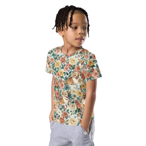 Garden Corgi on a Kids Crew Neck T-Shirt