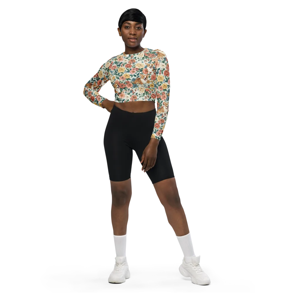 Garden Corgi on Long Sleeve Crop Top — Front
