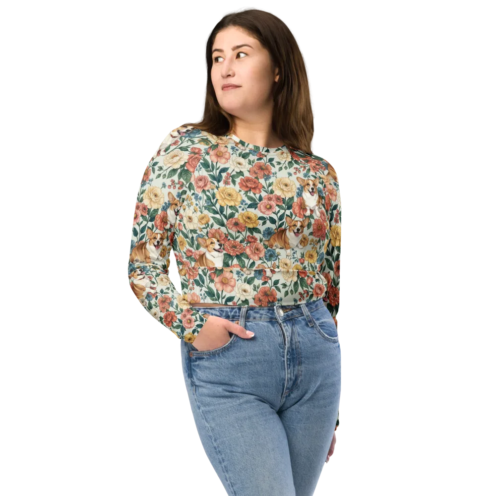 Garden Corgi on Long Sleeve Crop Top — Front