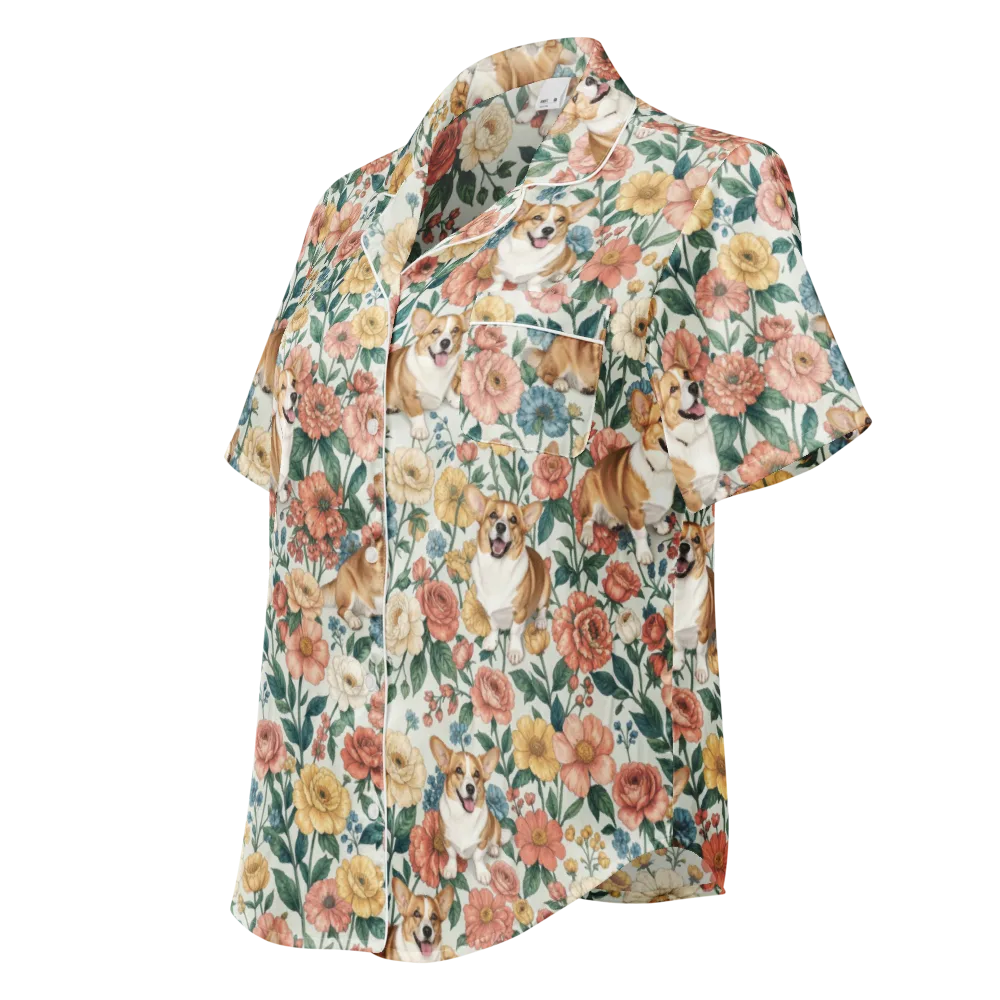 Garden Corgi on Women's Short Sleeve Pajama Top — Left Front