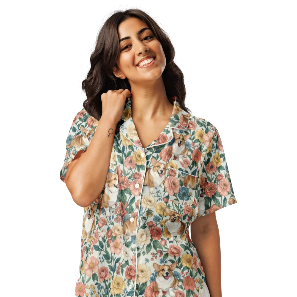 Garden Corgi on Women's Short Sleeve Pajama Top — Front