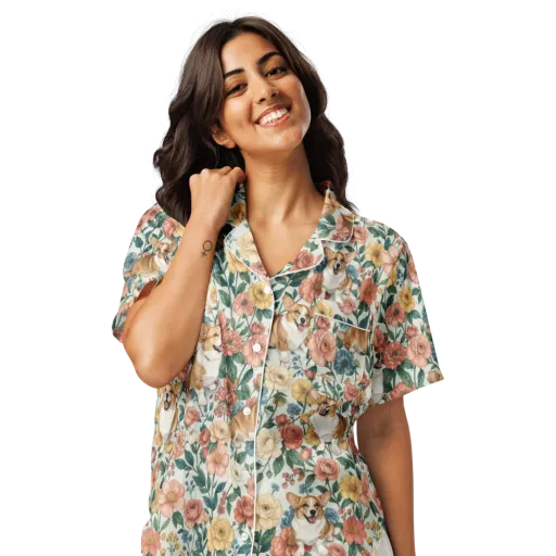Garden Corgi on a Women's Short Sleeve Pajama Top