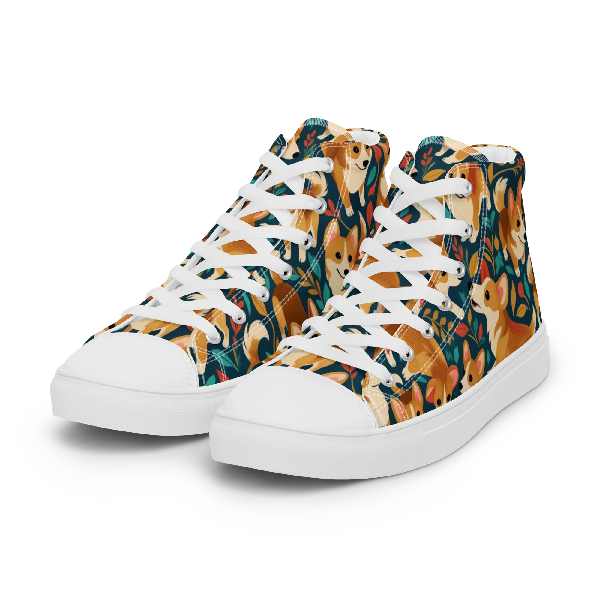 Woodland Corgis on Women's High Top Canvas Shoes — Left Front