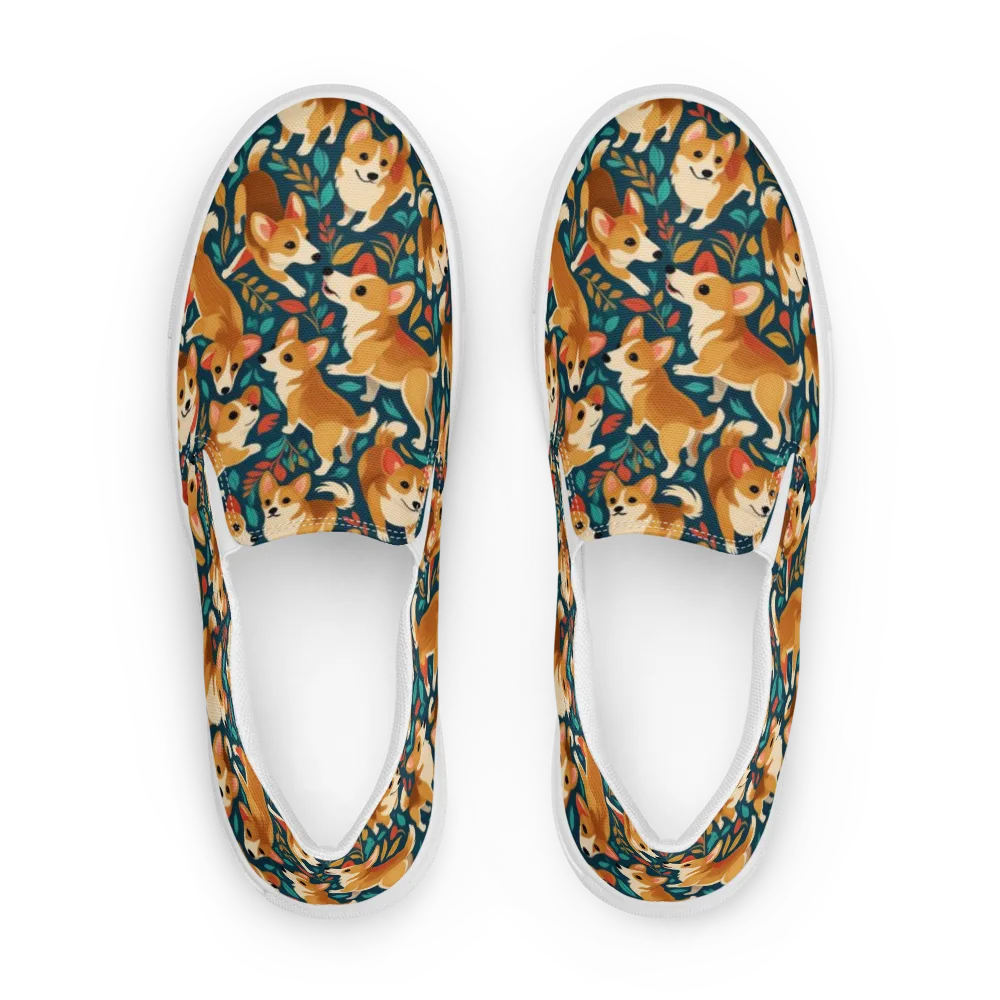 Woodland Corgis on Men's Slip-On Canvas Shoes — Front
