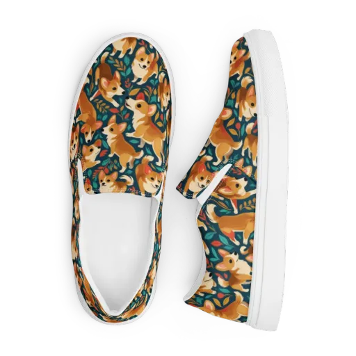 Woodland Corgis on a Men's Slip-On Canvas Shoes