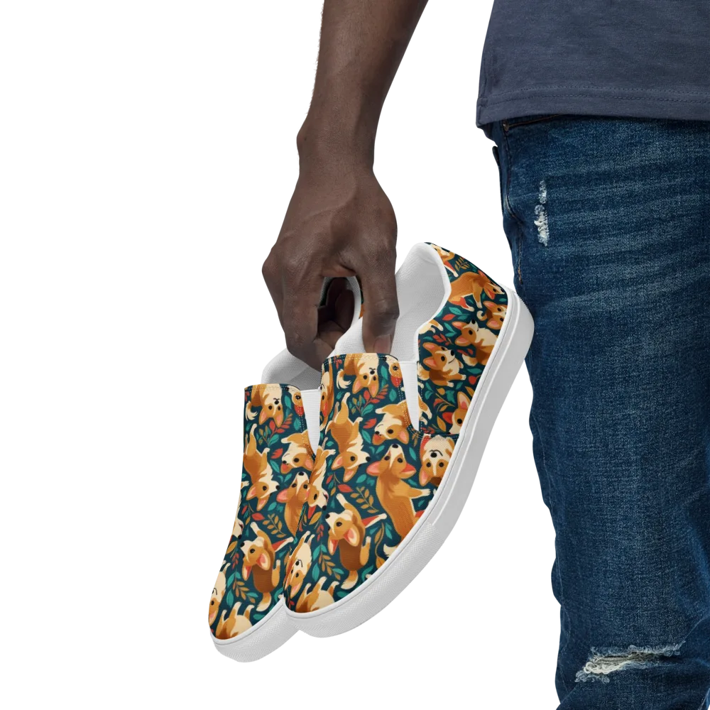 Woodland Corgis on Men's Slip-On Canvas Shoes — Left Front