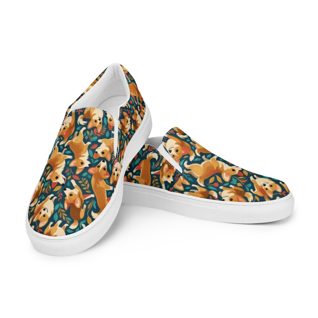 Woodland Corgis on Women's Slip-On Canvas Shoes — Left Front