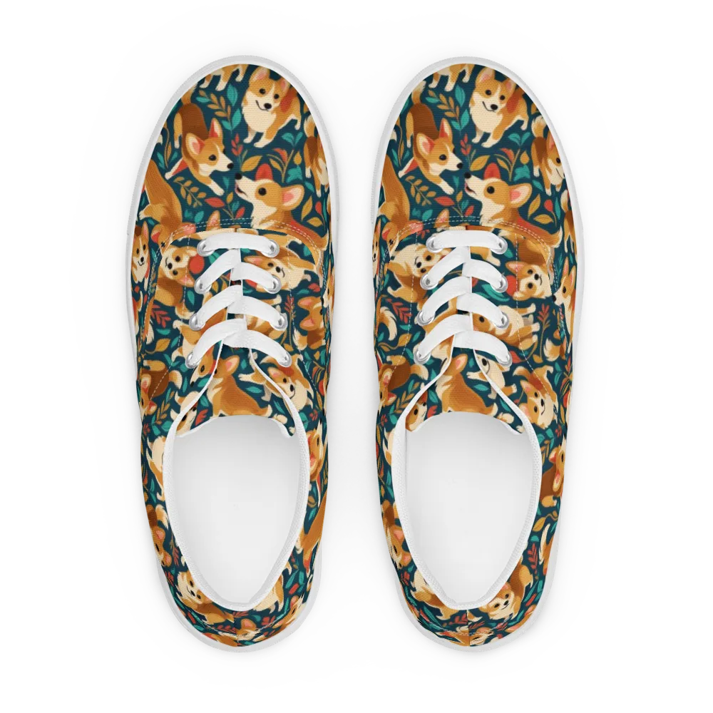 Woodland Corgis on Men's Lace-Up Canvas Shoes — Front