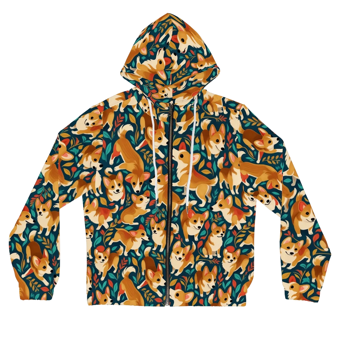 Woodland Corgis on Women's Full-Zip Hoodie — Front