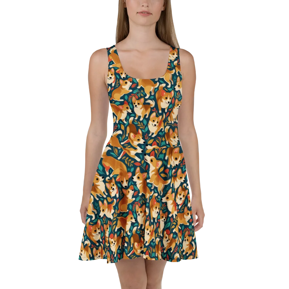Woodland Corgis on Skater Dress — Front