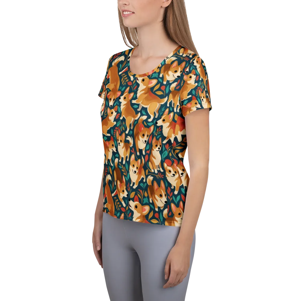 Woodland Corgis on Women's Athletic T-Shirt — Left