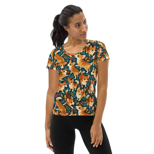 Woodland Corgis on a Women's Athletic T-Shirt