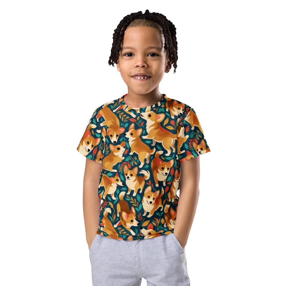 Woodland Corgis on Kids Crew Neck T-Shirt — Front