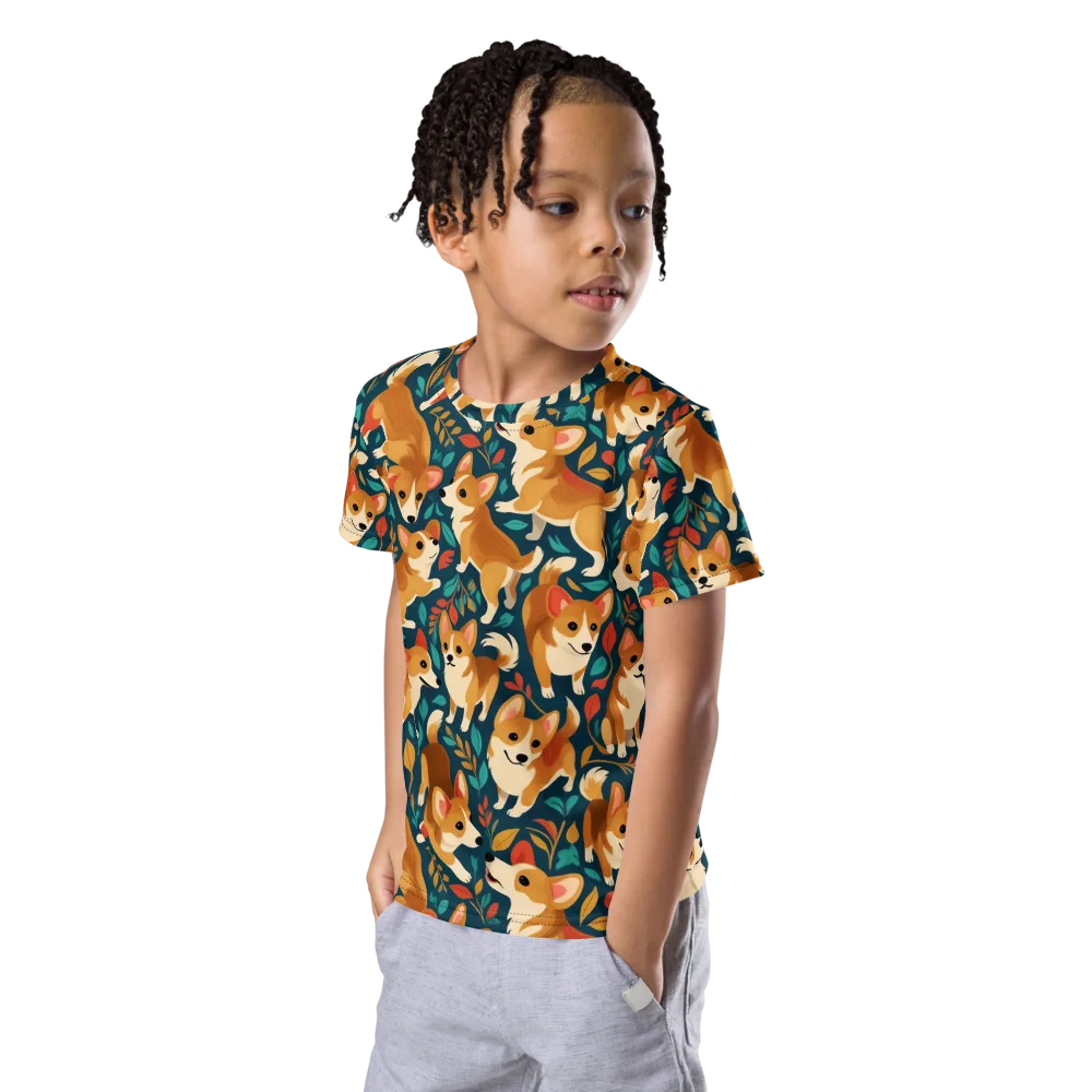 Woodland Corgis on Kids Crew Neck T-Shirt — Left Front