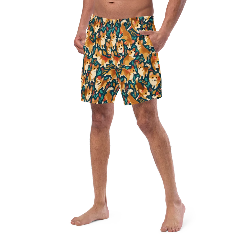 Woodland Corgis on Swim Trunks — Left Front