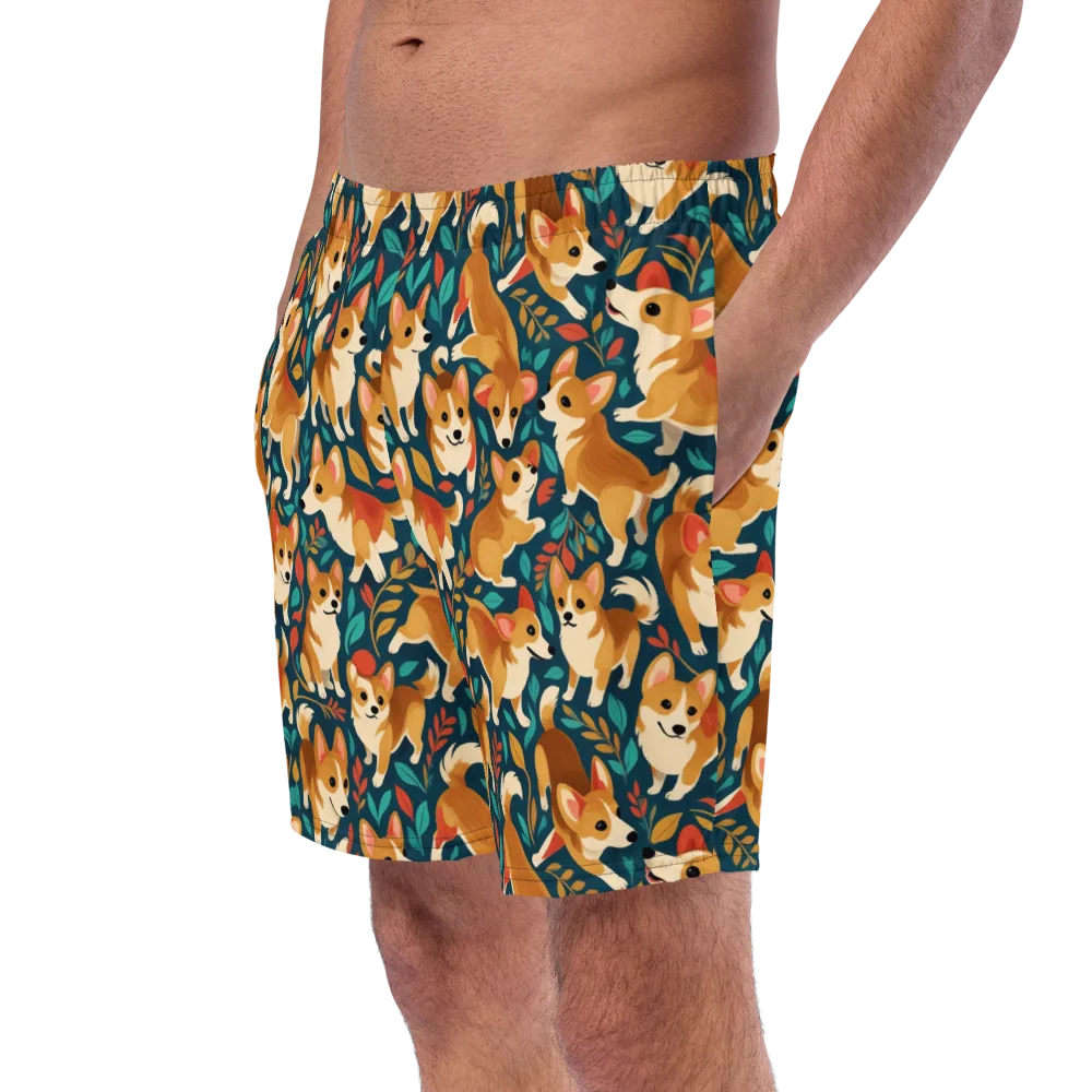 Woodland Corgis on Swim Trunks — Left Front