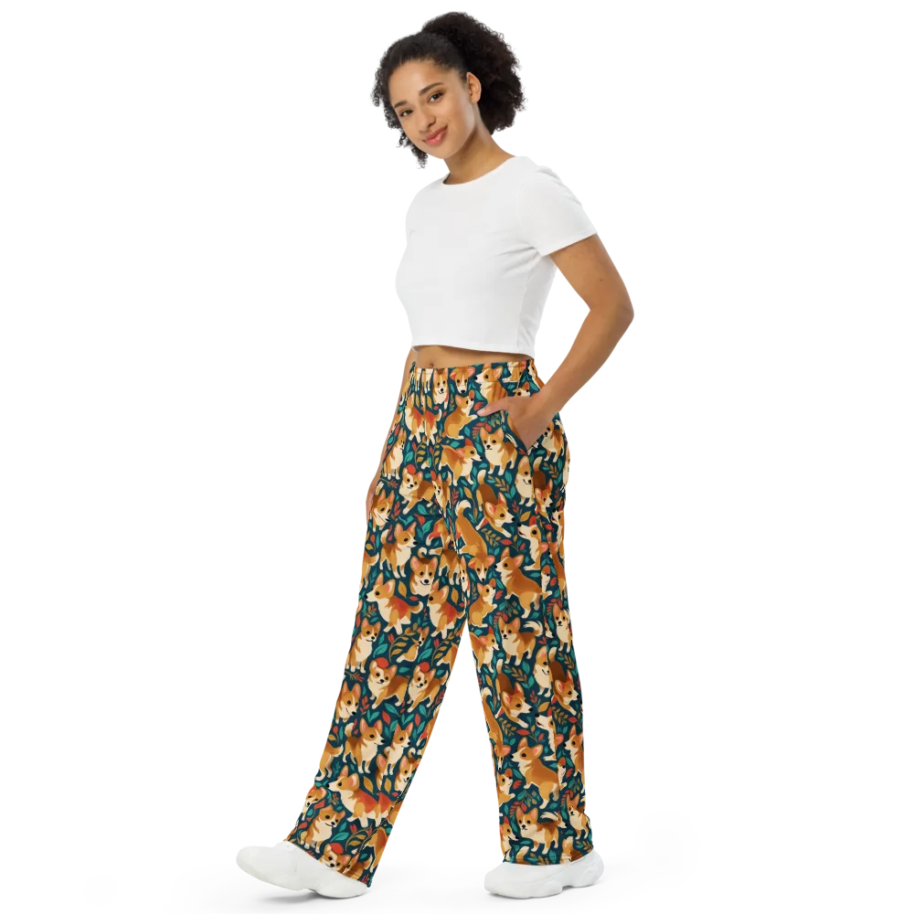 Woodland Corgis on Wide-Leg Pants — Left Front
