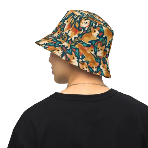 Woodland Corgis on a Reversible Bucket Hat