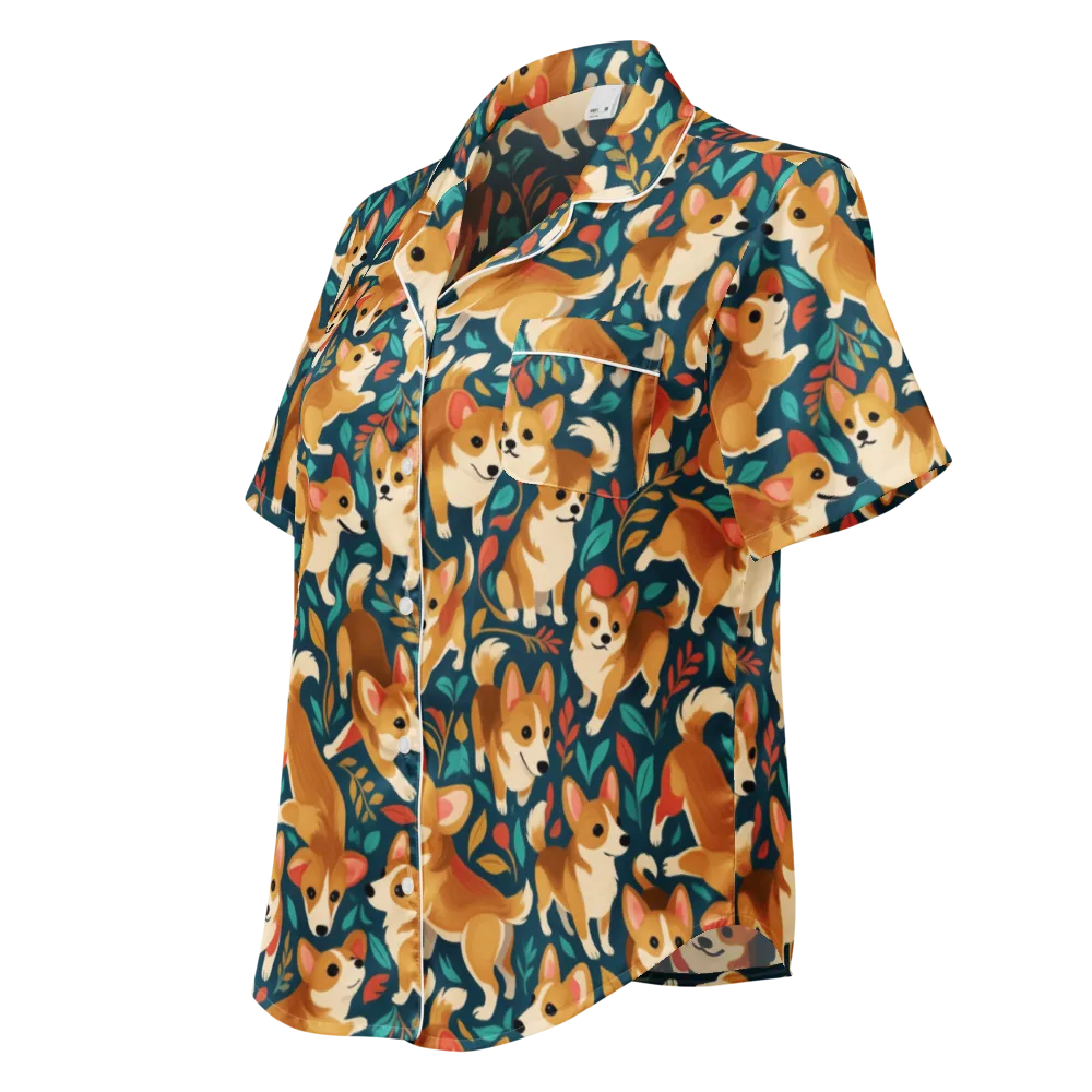 Woodland Corgis on Women's Short Sleeve Pajama Top — Left Front