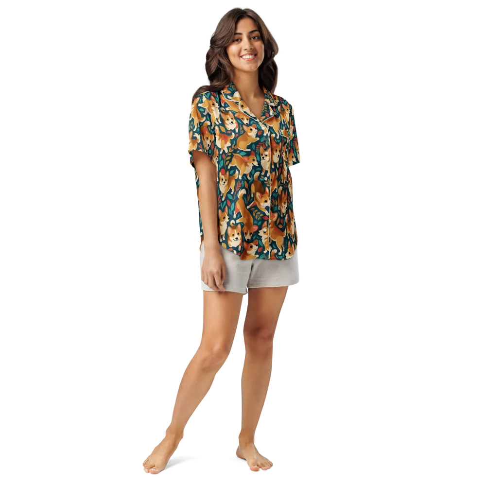 Woodland Corgis on Women's Short Sleeve Pajama Top — Front