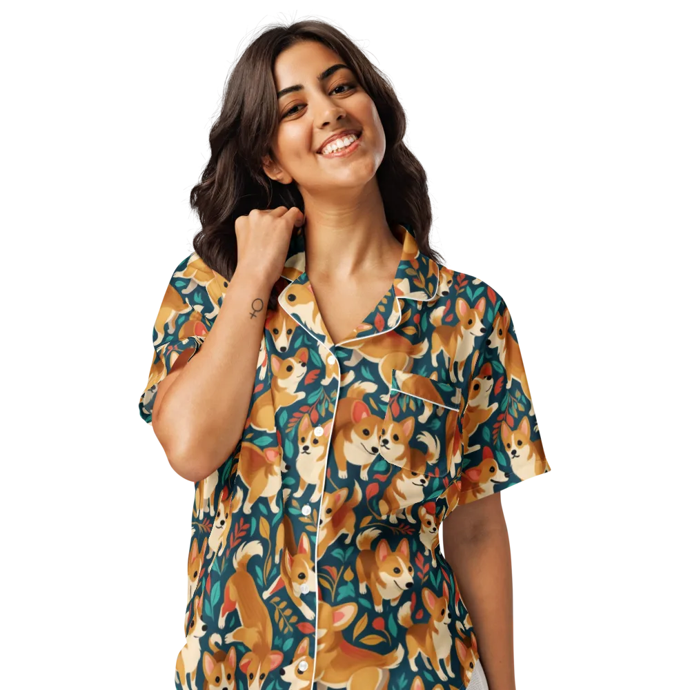 Woodland Corgis on Women's Short Sleeve Pajama Top — Front