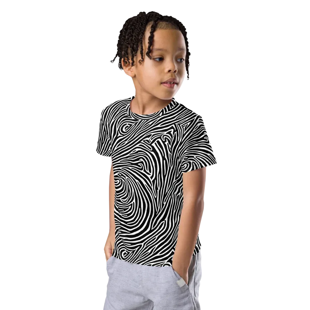 Zebra Current on Kids Crew Neck T-Shirt — Left Front