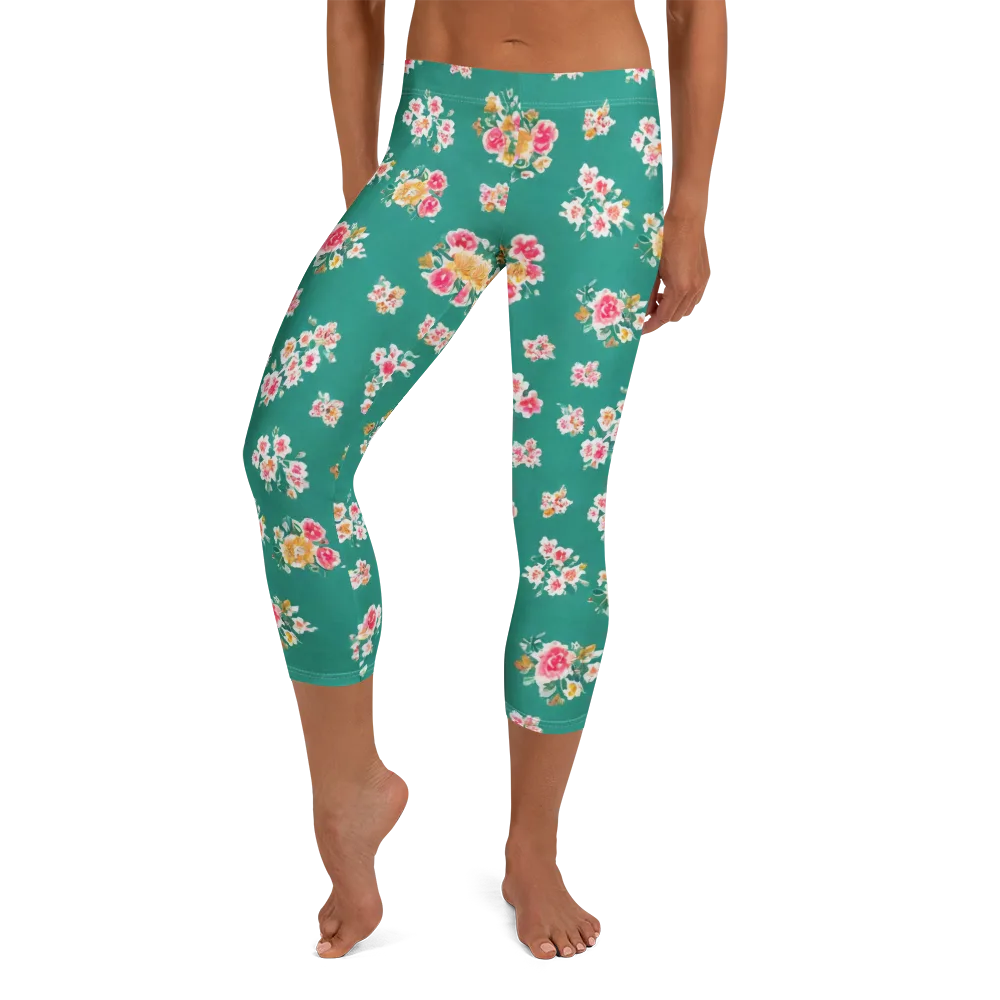 Turquoise Bouquet on Capri Leggings — Front
