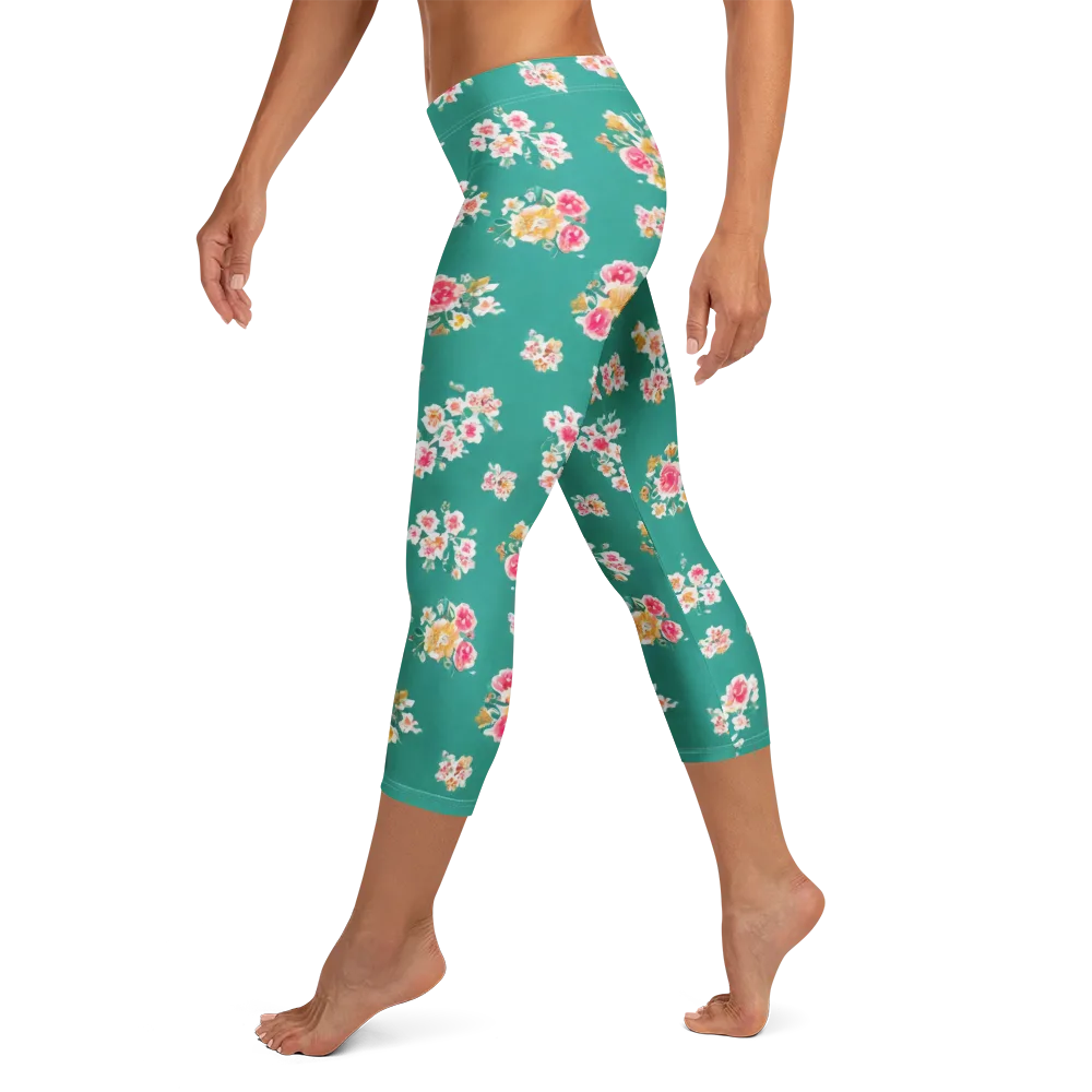 Turquoise Bouquet on Capri Leggings — Left