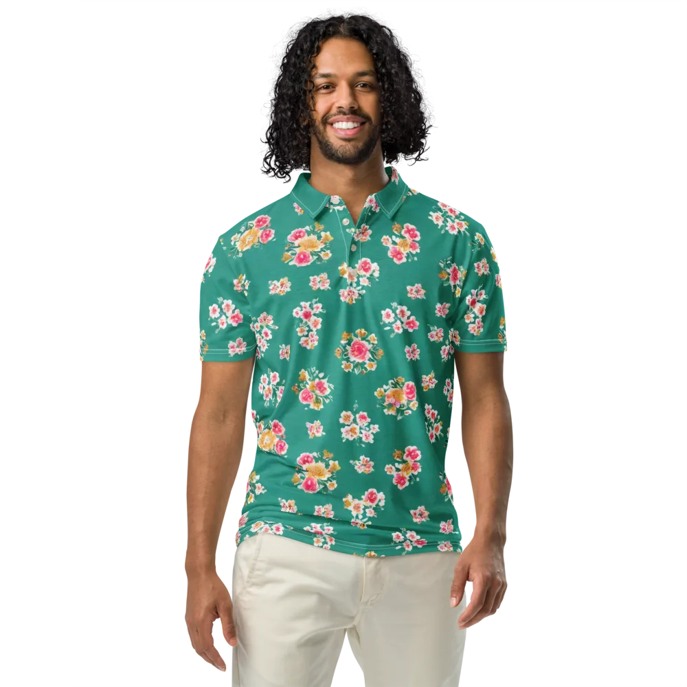 Turquoise Bouquet on Men's Slim Fit Polo Shirt — Front