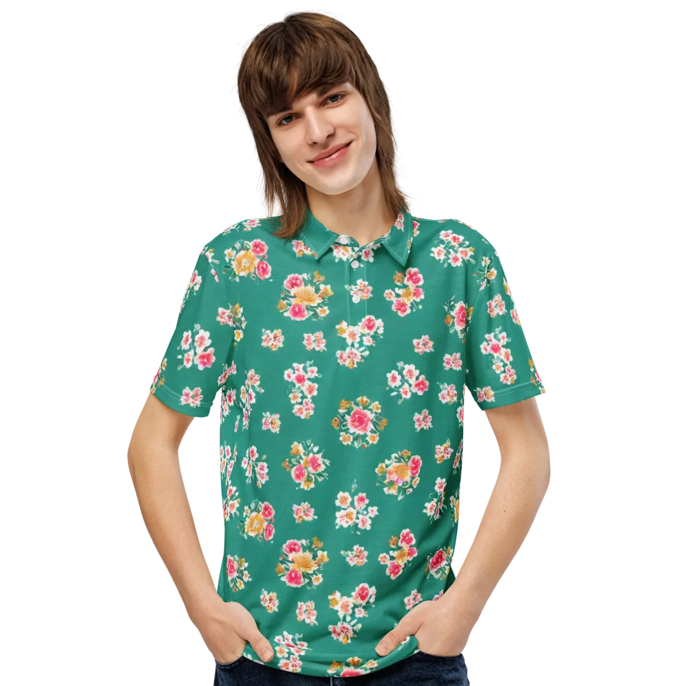 Turquoise Bouquet on Men's Slim Fit Polo Shirt — Front