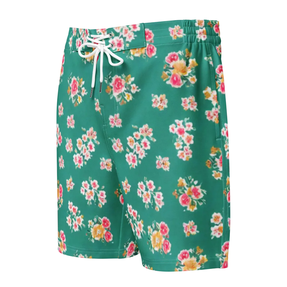 Turquoise Bouquet on Men's Board Shorts — Front