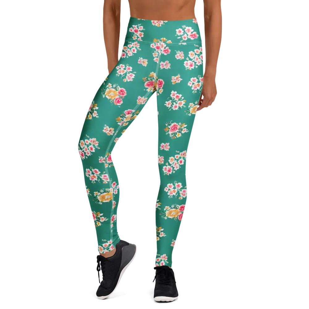 Turquoise Bouquet on Yoga Leggings — Front