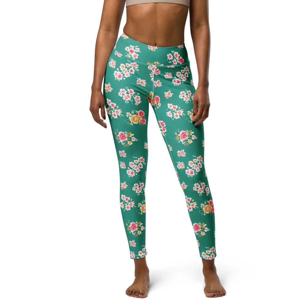 Turquoise Bouquet on Yoga Leggings — Front