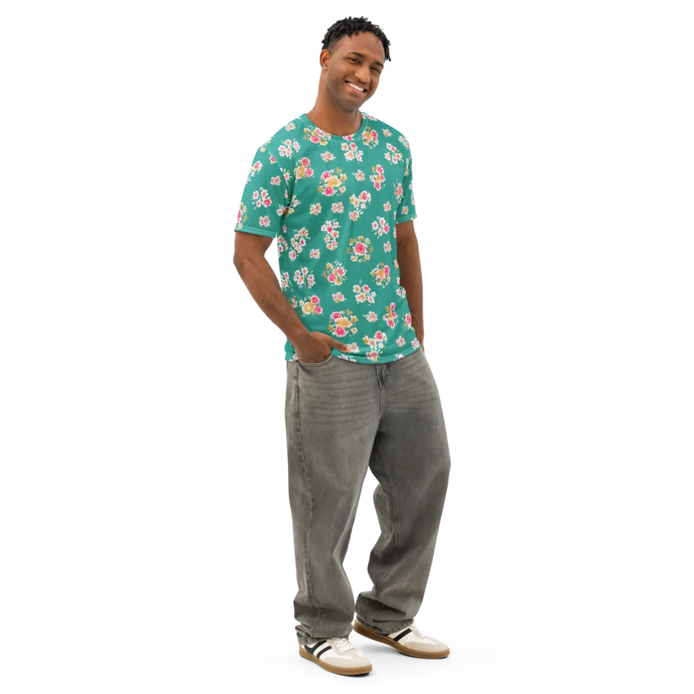Turquoise Bouquet on Men's Cotton Crew Neck T-Shirt — Right Front