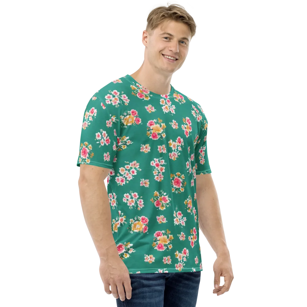 Turquoise Bouquet on Men's Crew Neck T-Shirt — Right