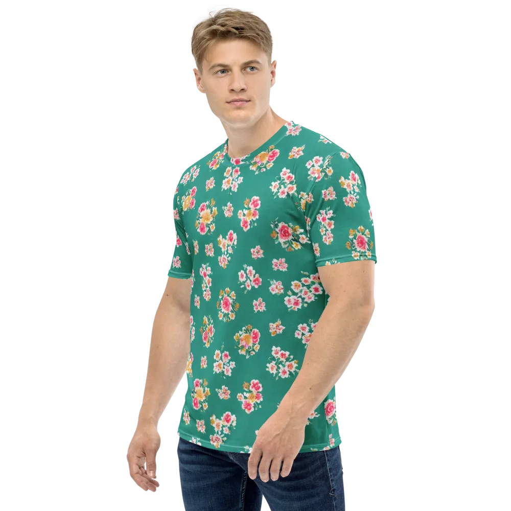 Turquoise Bouquet on Men's Crew Neck T-Shirt — Left