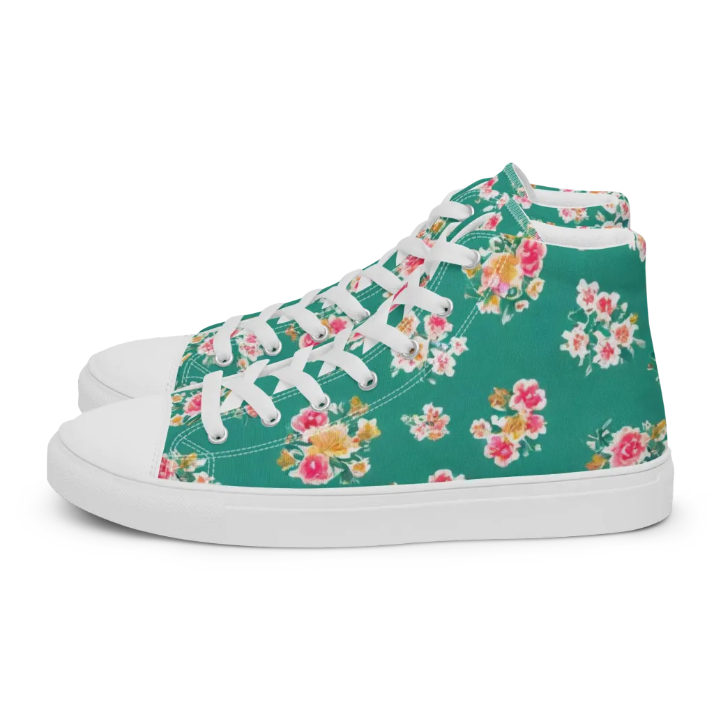 Turquoise Bouquet on Men's High Top Canvas Shoes — Left
