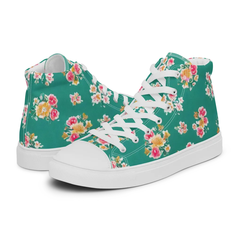 Turquoise Bouquet on Men's High Top Canvas Shoes — Left