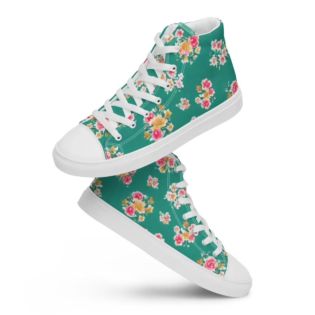 Turquoise Bouquet on Men's High Top Canvas Shoes — Front