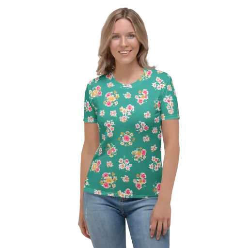 Turquoise Bouquet on a Women's Crew Neck T-Shirt