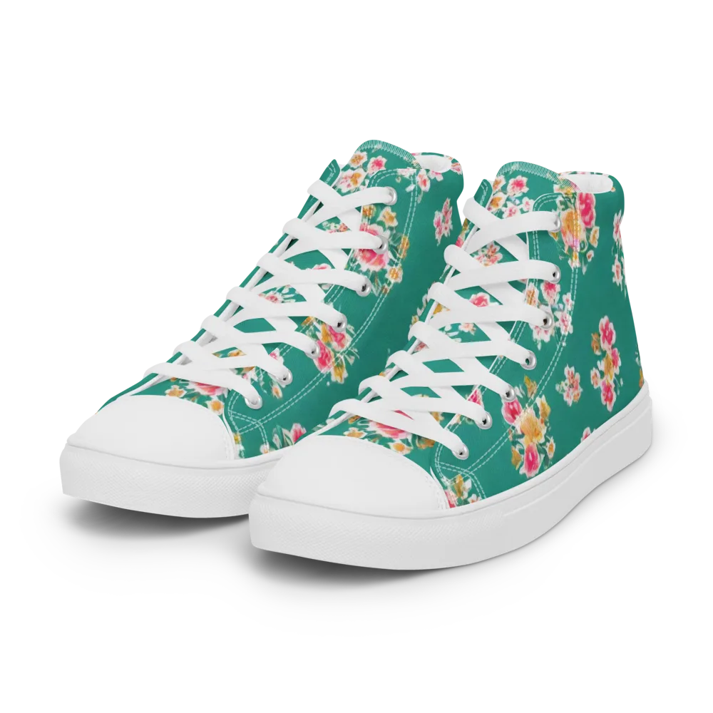 Turquoise Bouquet on Women's High Top Canvas Shoes — Left Front