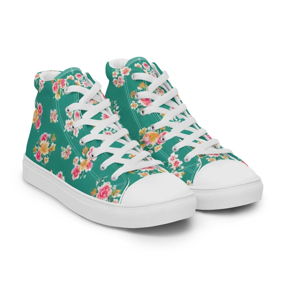 Turquoise Bouquet on Women's High Top Canvas Shoes — Right Front