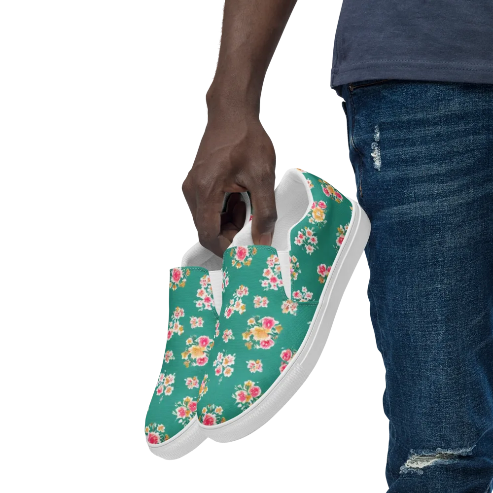 Turquoise Bouquet on Men's Slip-On Canvas Shoes — Left Front