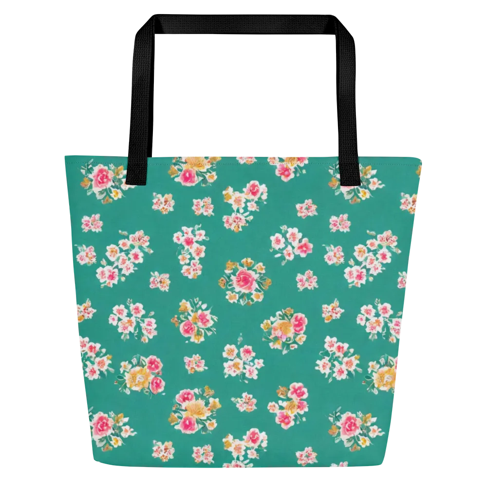 Turquoise Bouquet on Large Tote Bag W/ Pocket — Front