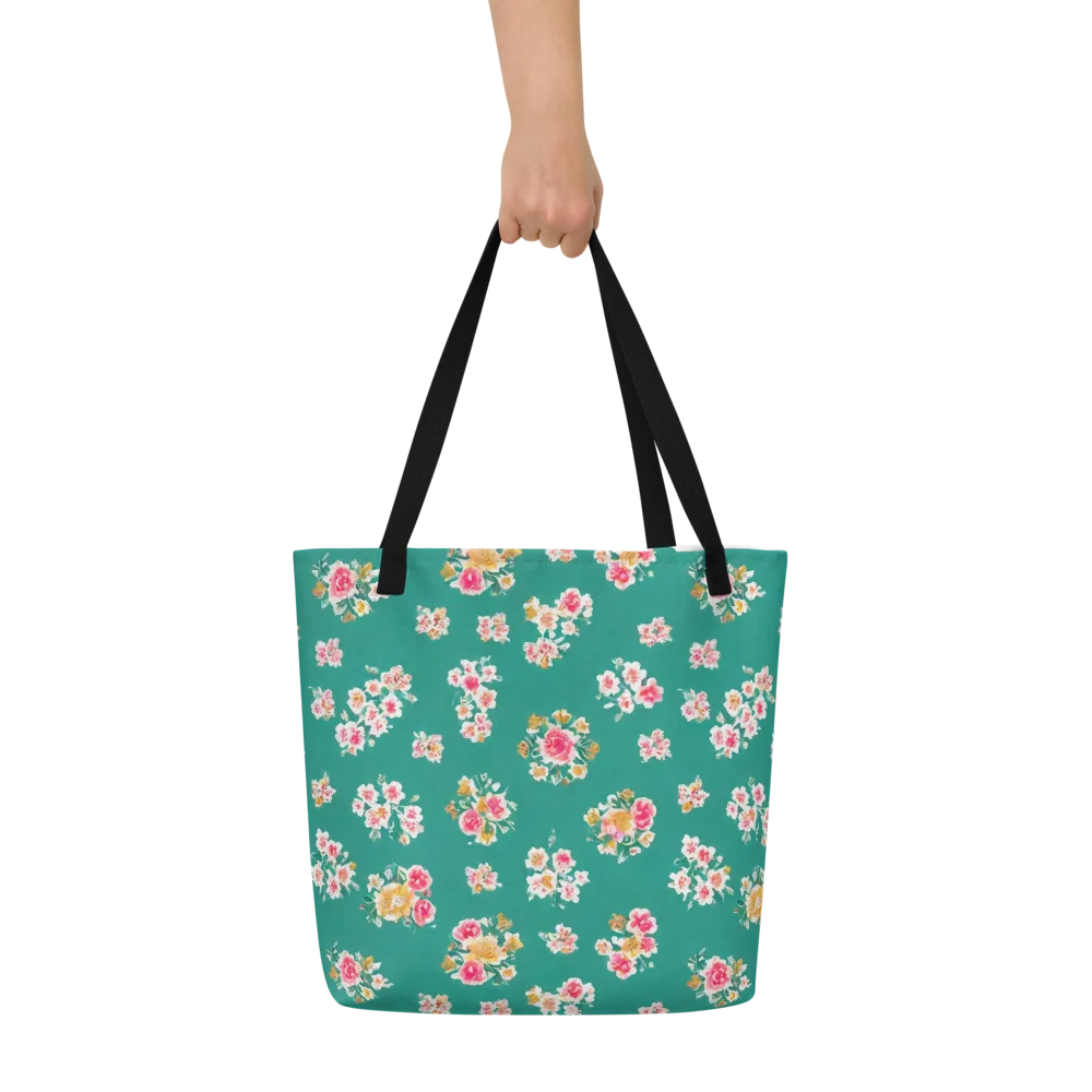 Turquoise Bouquet on Large Tote Bag W/ Pocket — Front