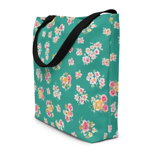 Turquoise Bouquet on a Large Tote Bag W/ Pocket