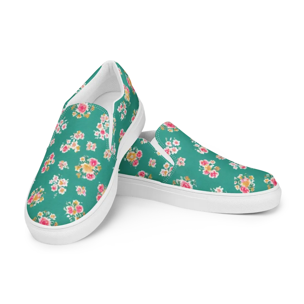 Turquoise Bouquet on Women's Slip-On Canvas Shoes — Left Front