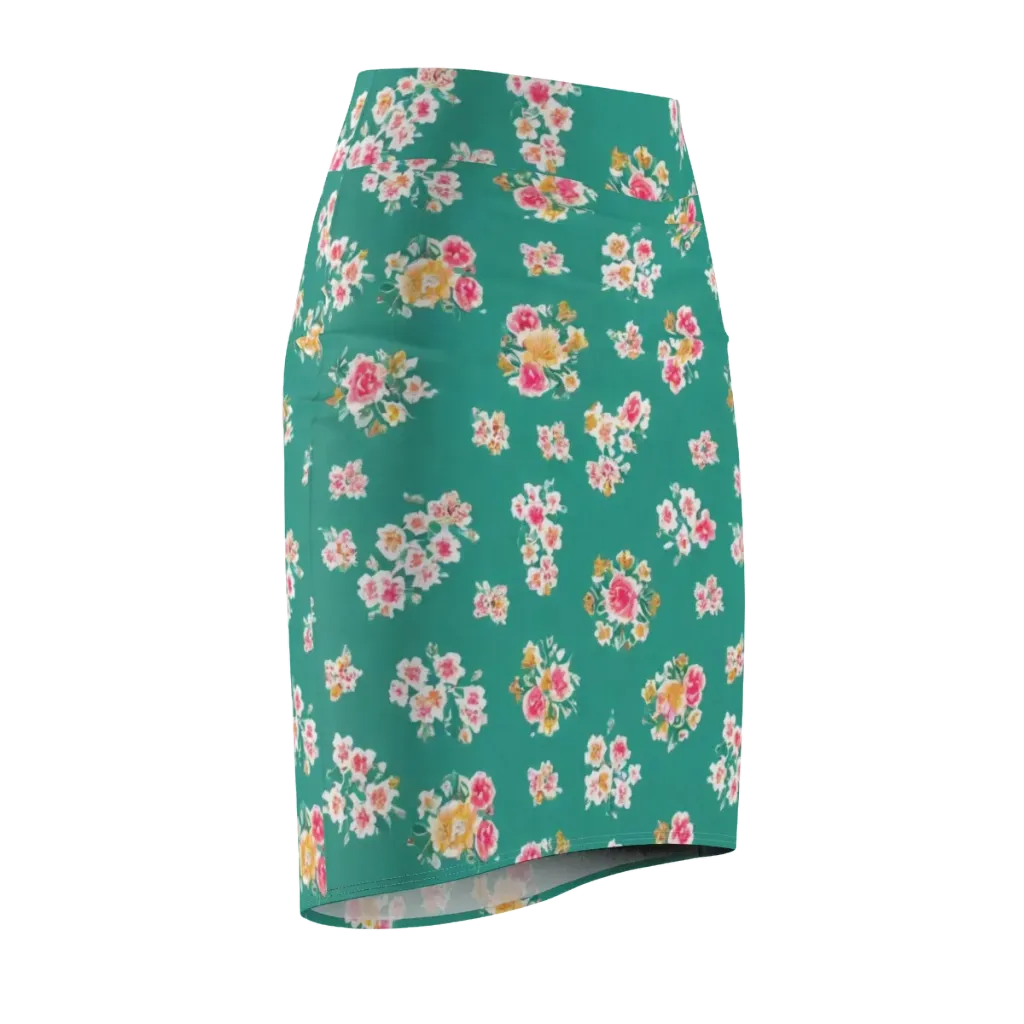 Turquoise Bouquet on Pencil Skirt — Front Side